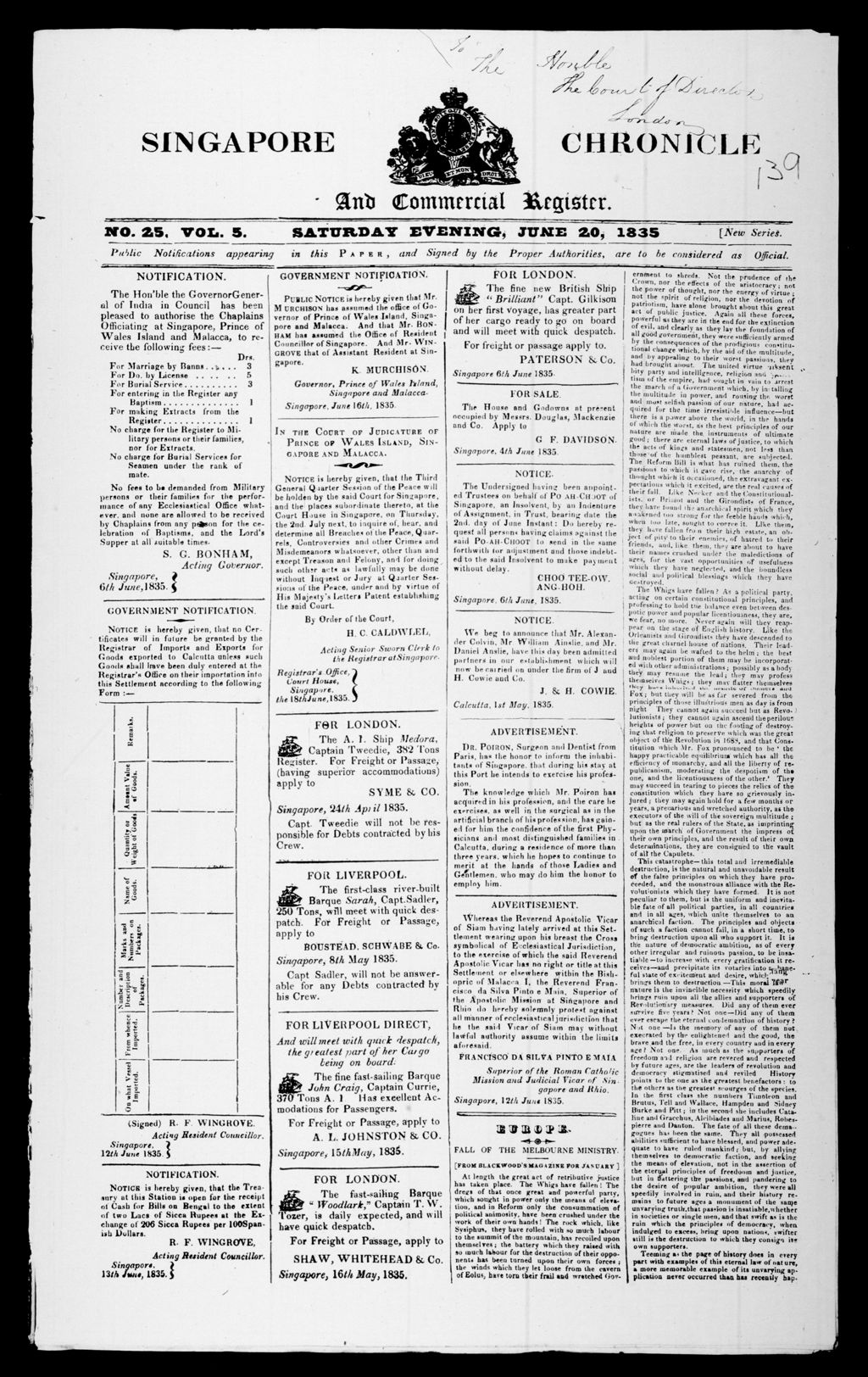 Miniature of Singapore Chronicle and Commercial Register 20 June 1835