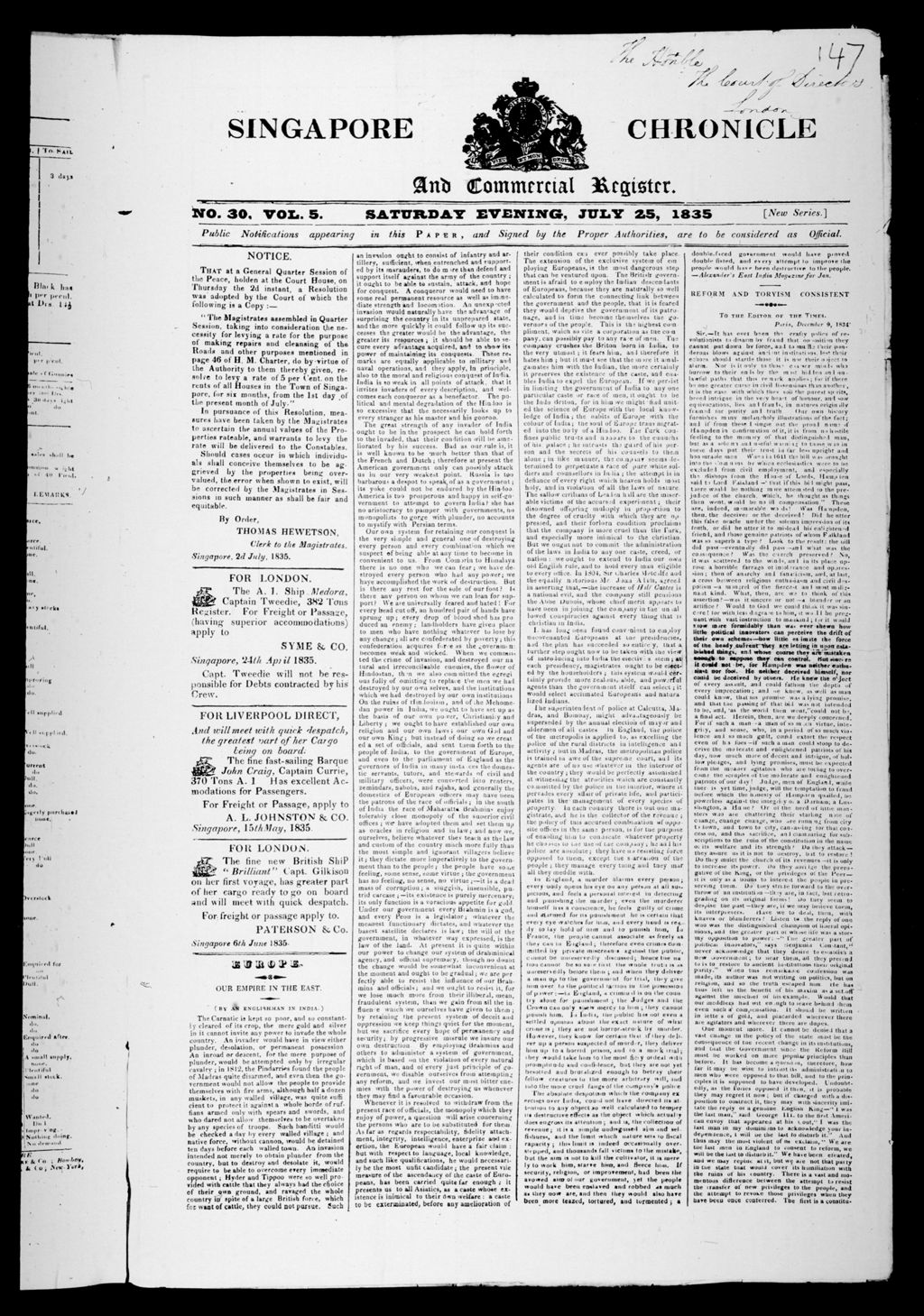 Miniature of Singapore Chronicle and Commercial Register 25 July 1835