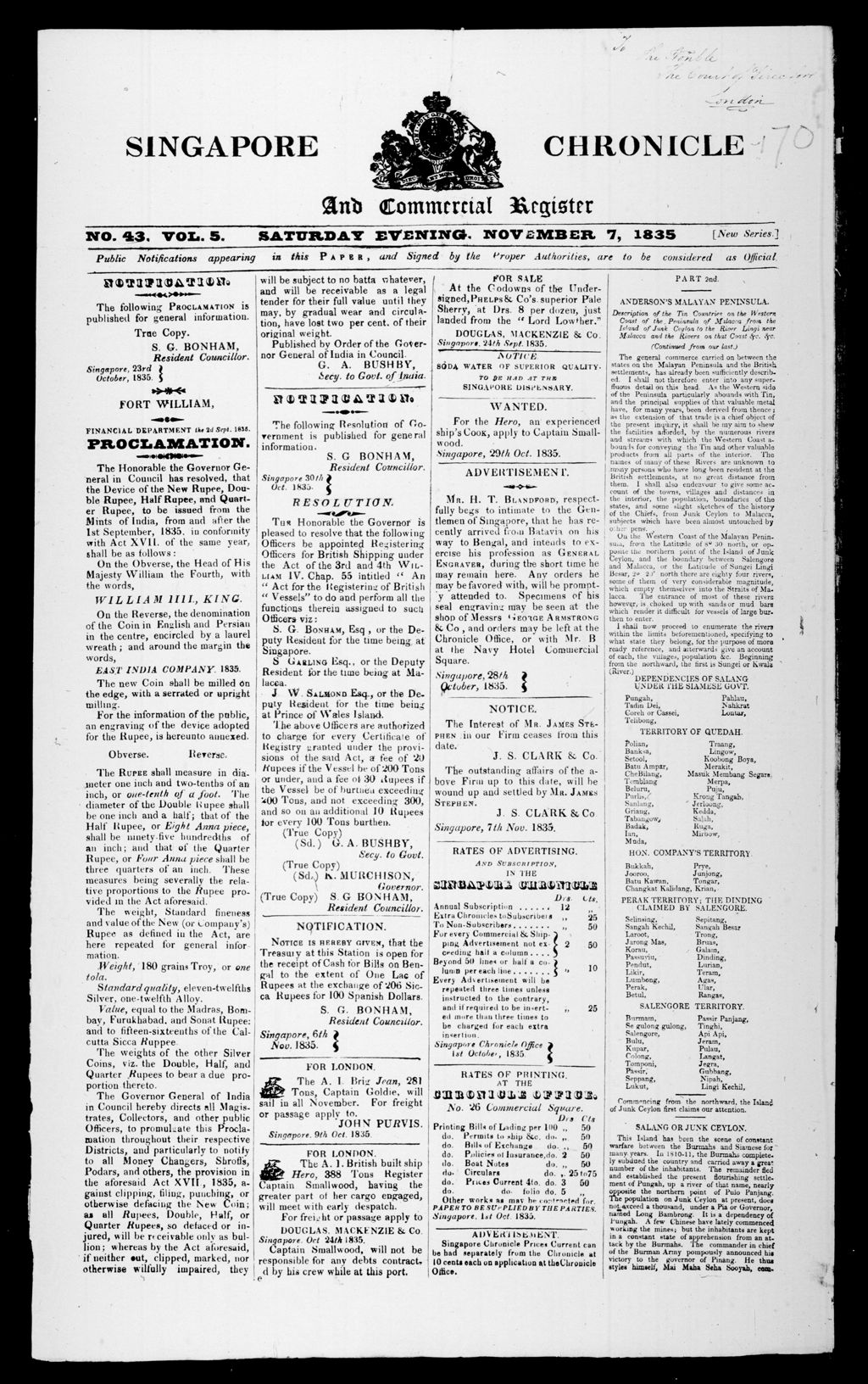 Miniature of Singapore Chronicle and Commercial Register 07 November 1835