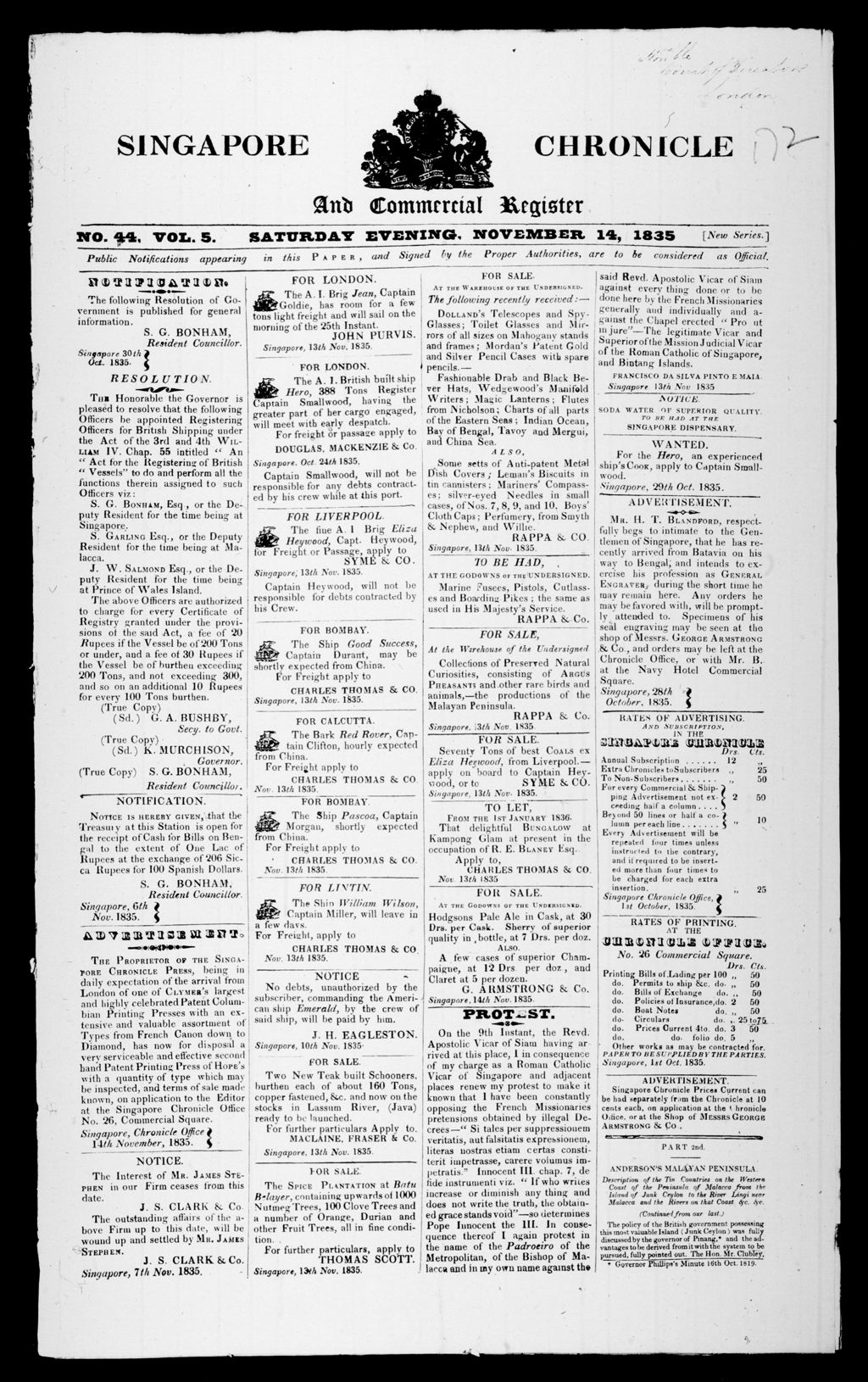 Miniature of Singapore Chronicle and Commercial Register 14 November 1835