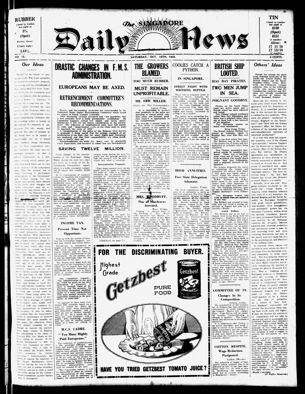 Miniature of Singapore Daily News 15 October 1932