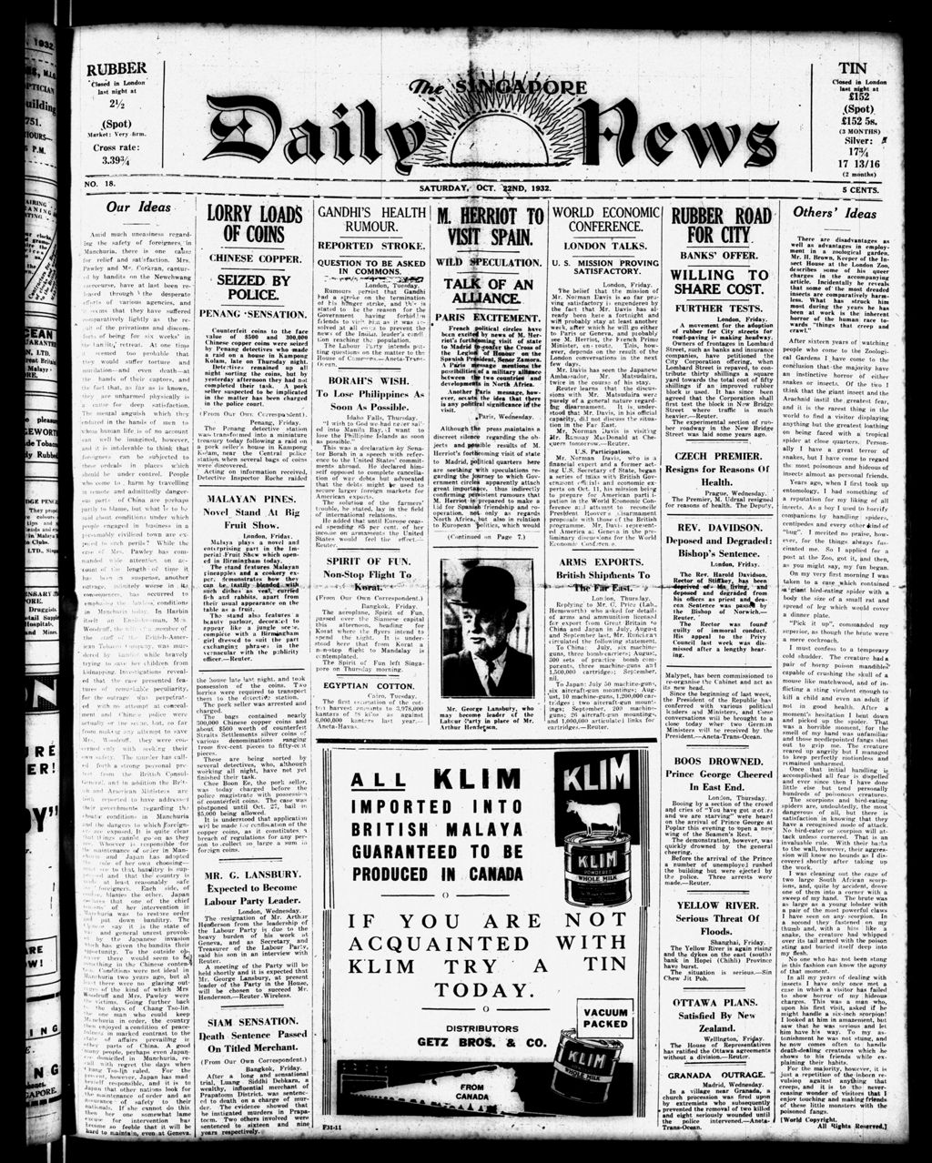 Miniature of Singapore Daily News 22 October 1932