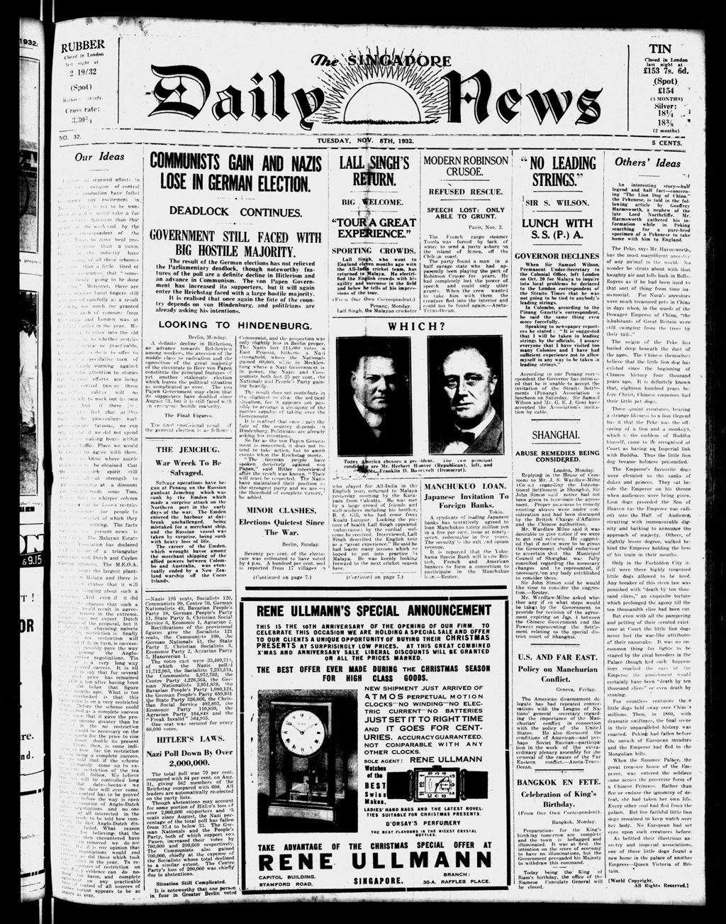 Miniature of Singapore Daily News 08 November 1932