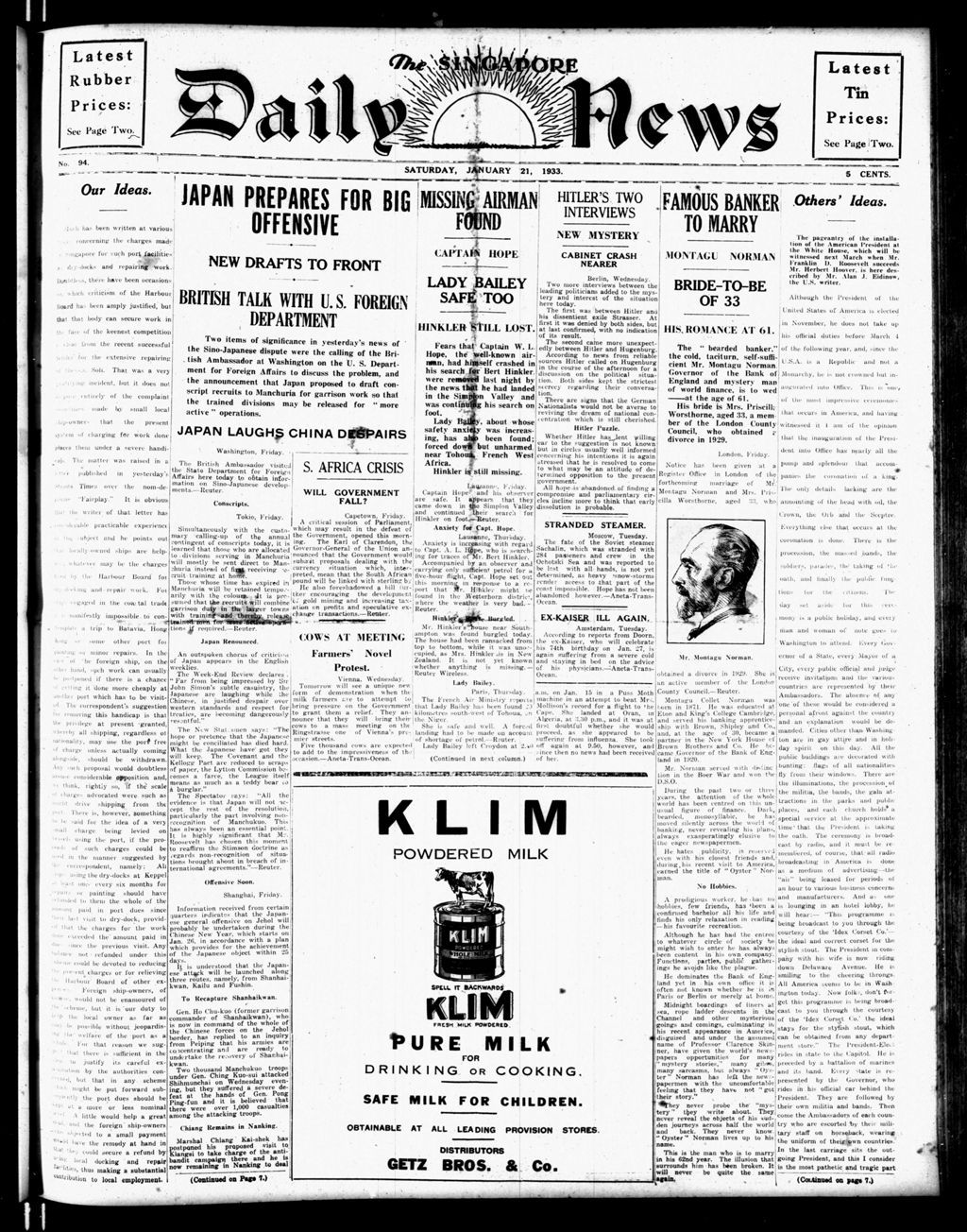 Miniature of Singapore Daily News 21 January 1933