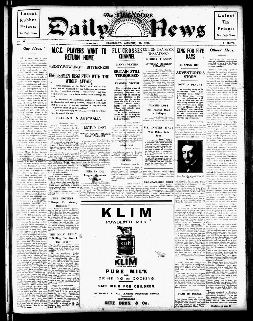 Miniature of Singapore Daily News 25 January 1933