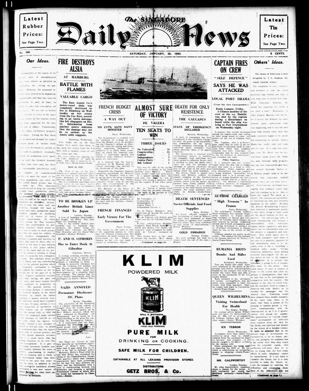 Miniature of Singapore Daily News 28 January 1933