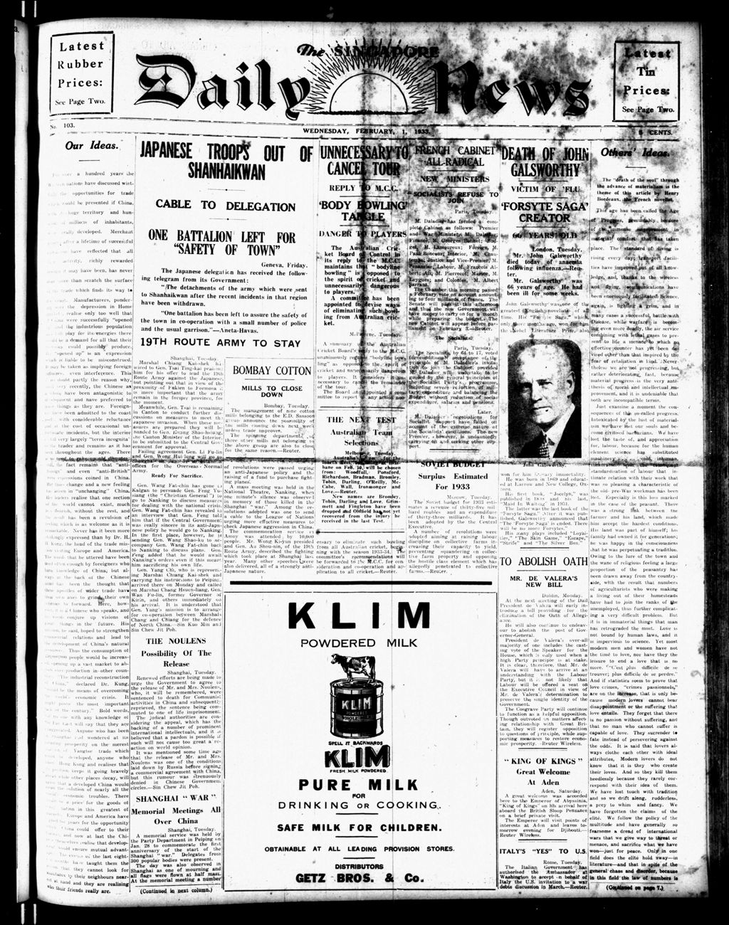 Miniature of Singapore Daily News 01 February 1933