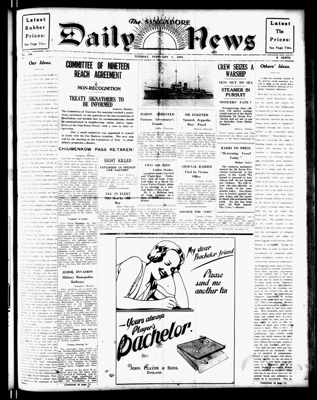 Miniature of Singapore Daily News 07 February 1933