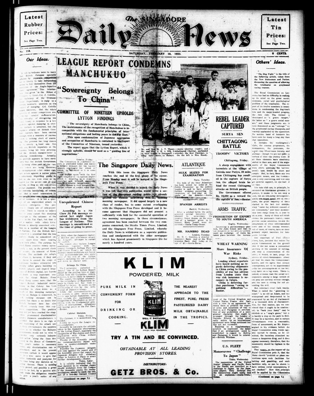 Miniature of Singapore Daily News 18 February 1933