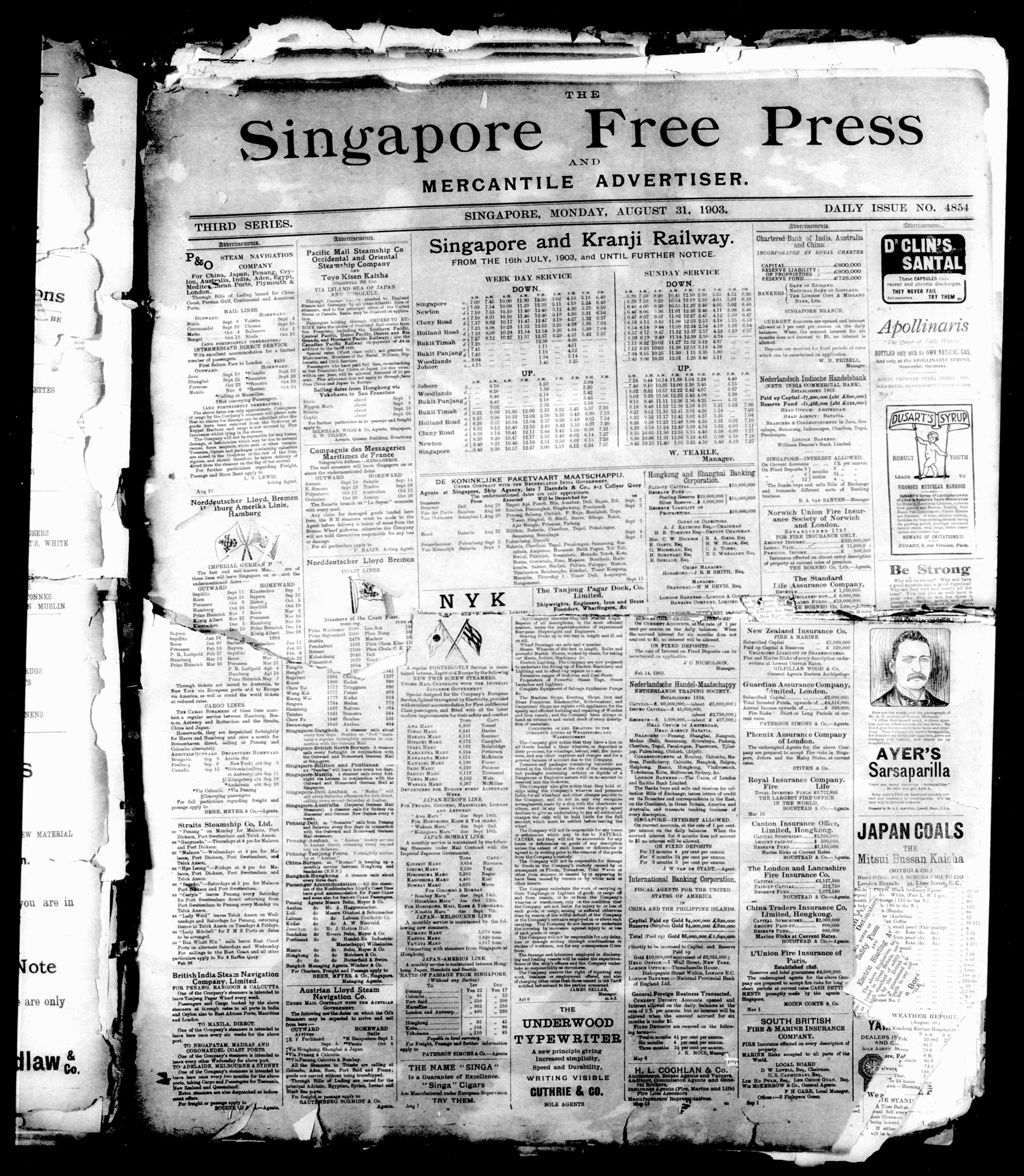 Miniature of Singapore Free Press and Mercantile Advertiser 31 August 1903