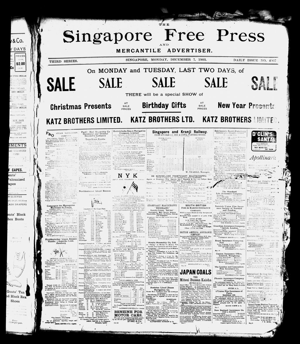 Miniature of Singapore Free Press and Mercantile Advertiser 07 December 1903