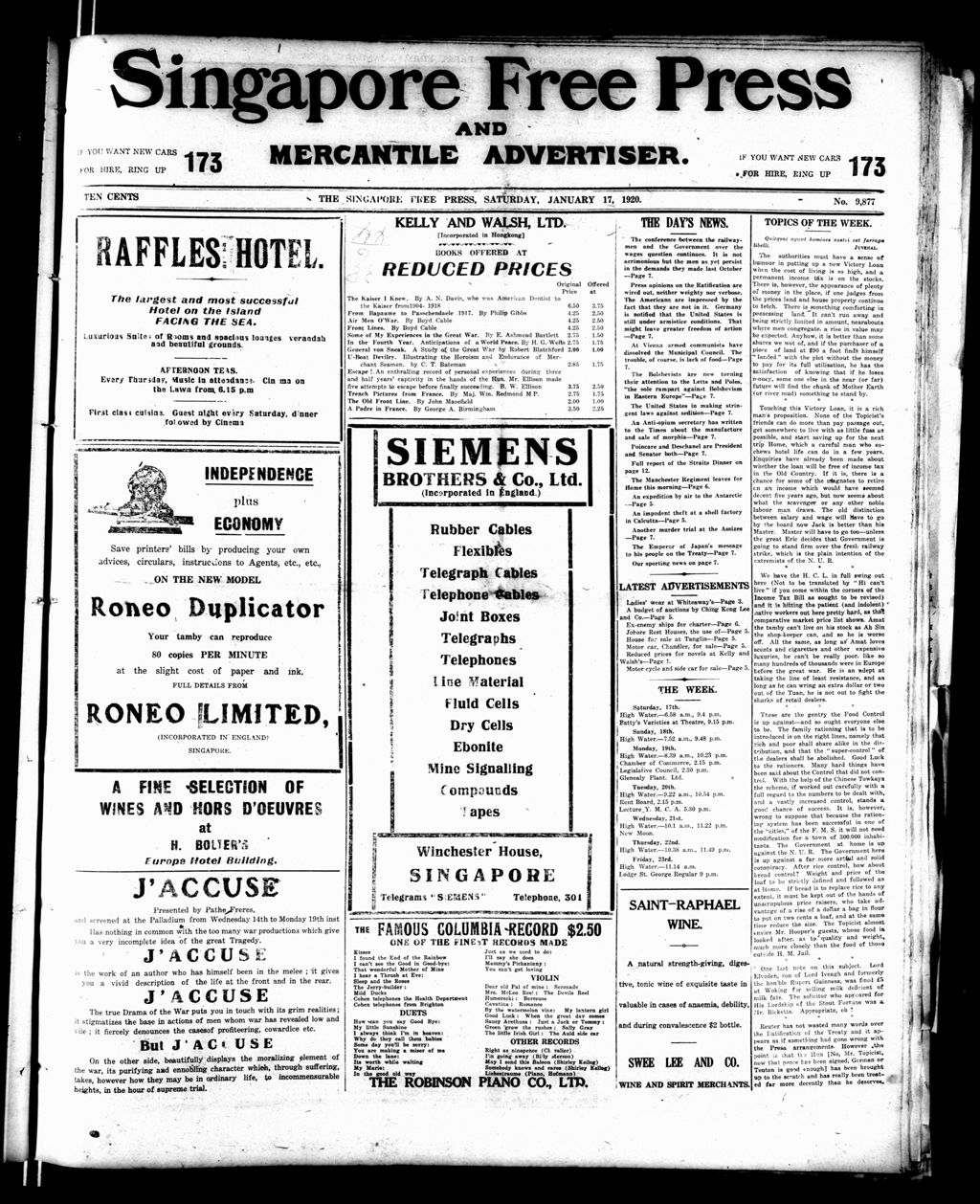 Miniature of Singapore Free Press and Mercantile Advertiser 17 January 1920