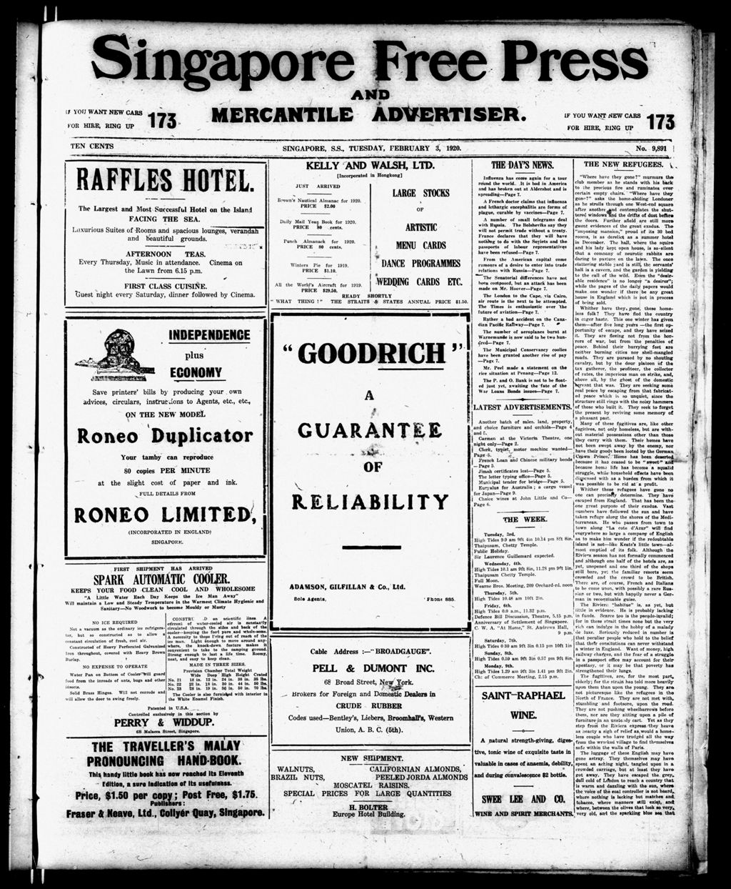 Miniature of Singapore Free Press and Mercantile Advertiser 03 February 1920