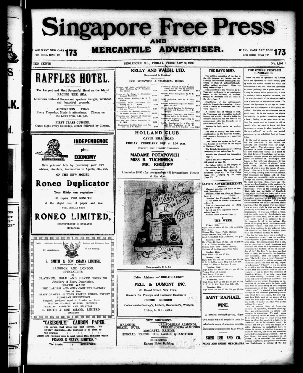 Miniature of Singapore Free Press and Mercantile Advertiser 20 February 1920