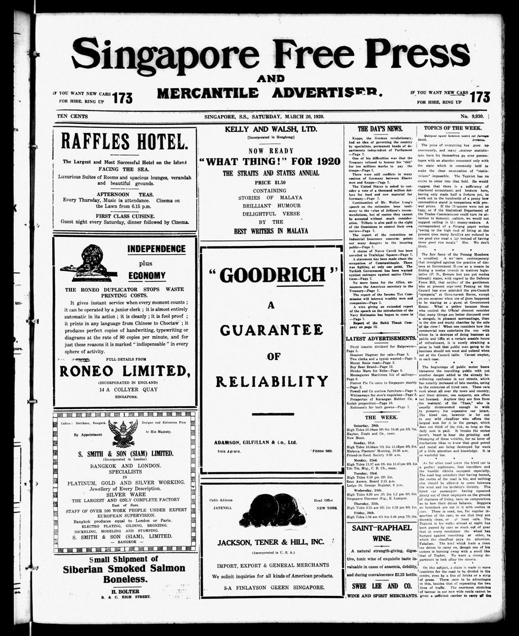 Miniature of Singapore Free Press and Mercantile Advertiser 20 March 1920