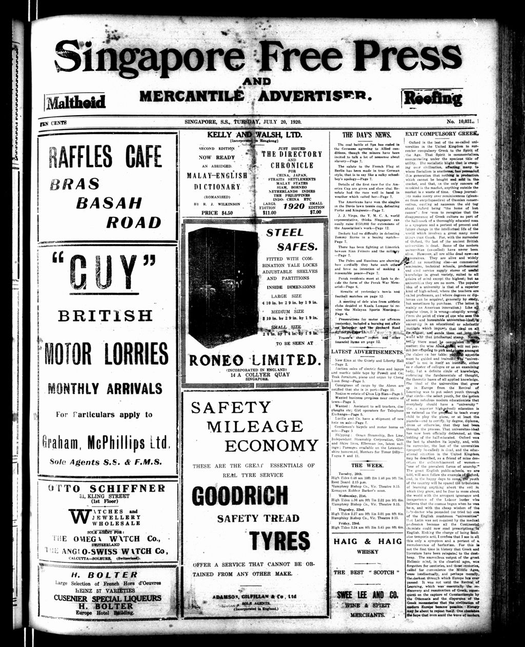 Miniature of Singapore Free Press and Mercantile Advertiser 20 July 1920