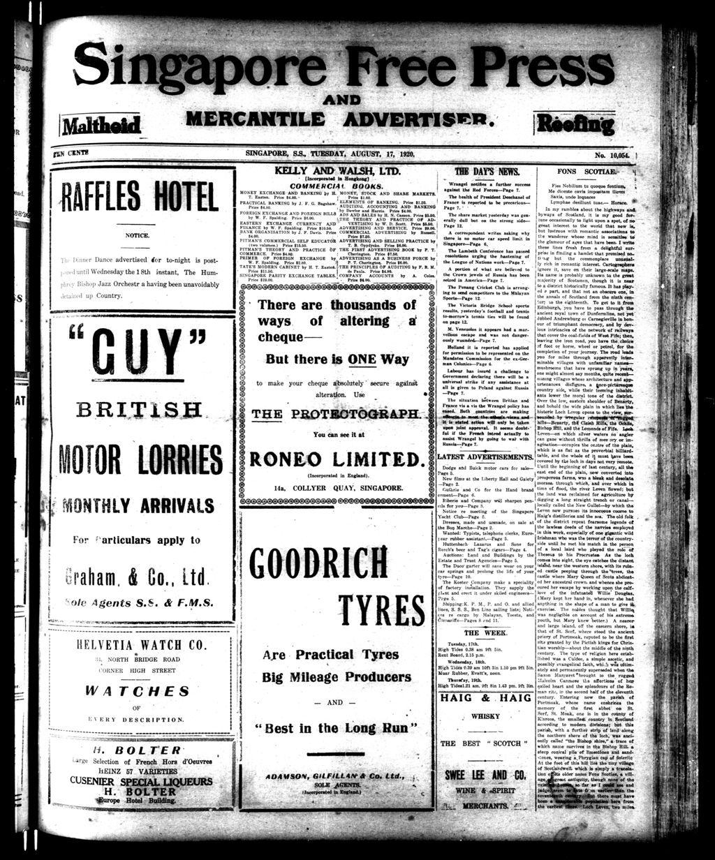 Miniature of Singapore Free Press and Mercantile Advertiser 17 August 1920