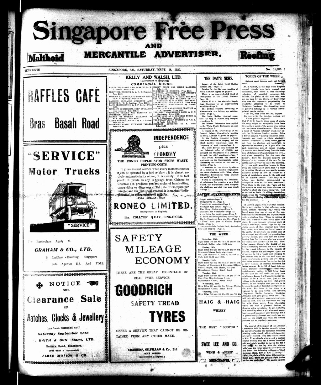 Miniature of Singapore Free Press and Mercantile Advertiser 18 September 1920