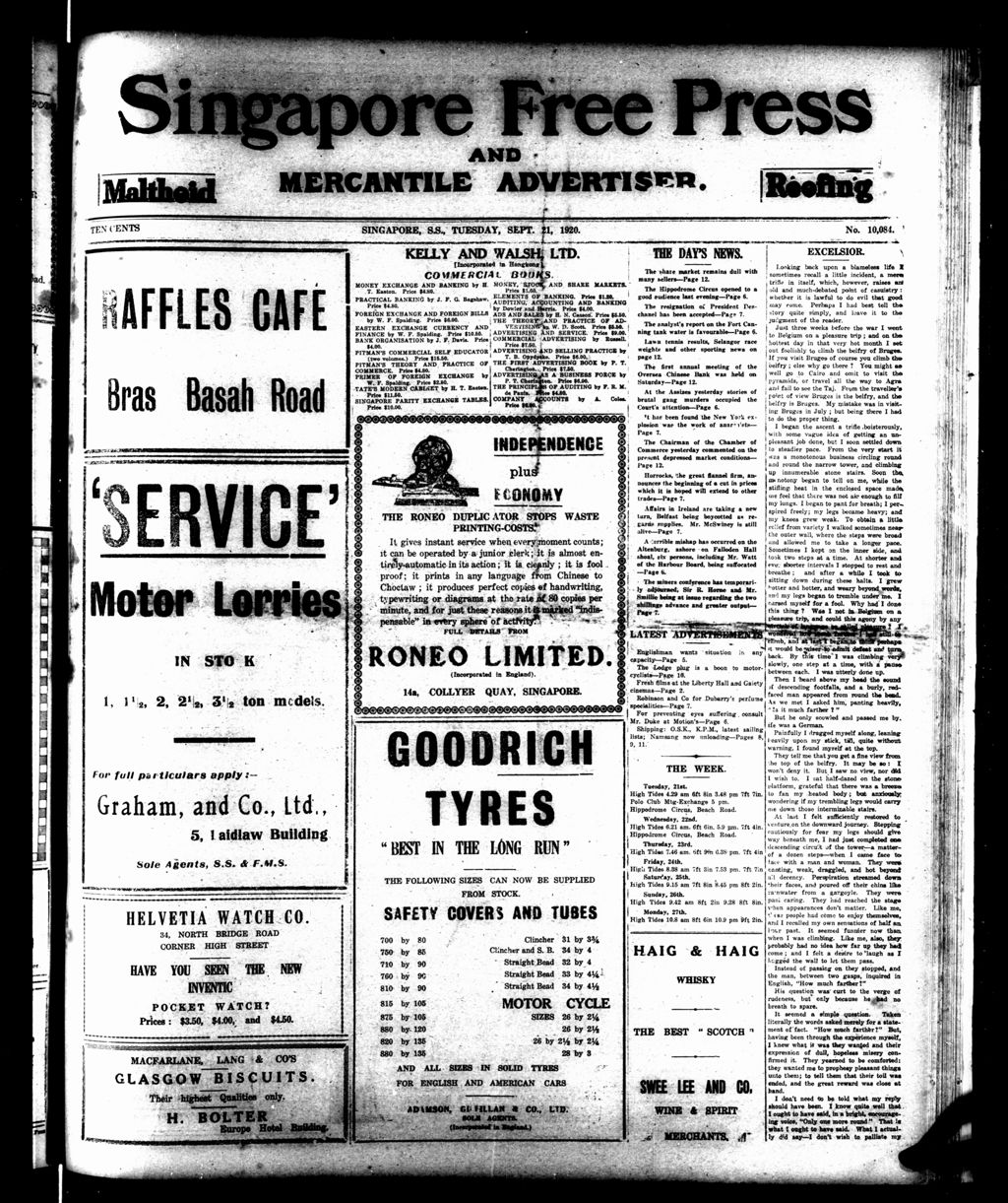 Miniature of Singapore Free Press and Mercantile Advertiser 21 September 1920