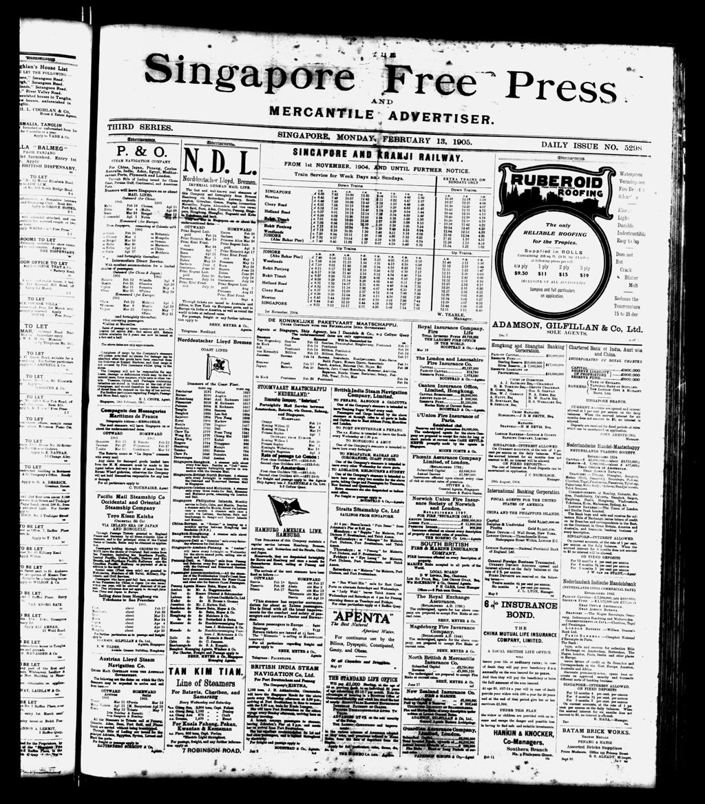 Miniature of Singapore Free Press and Mercantile Advertiser 13 February 1905