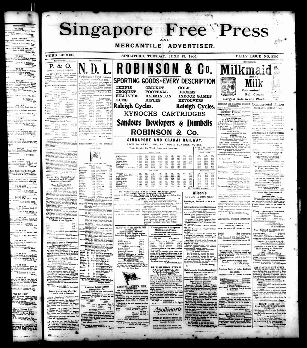 Miniature of Singapore Free Press and Mercantile Advertiser 13 June 1905