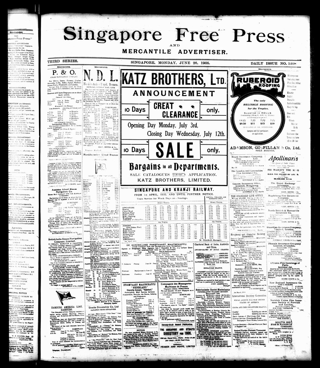 Miniature of Singapore Free Press and Mercantile Advertiser 26 June 1905