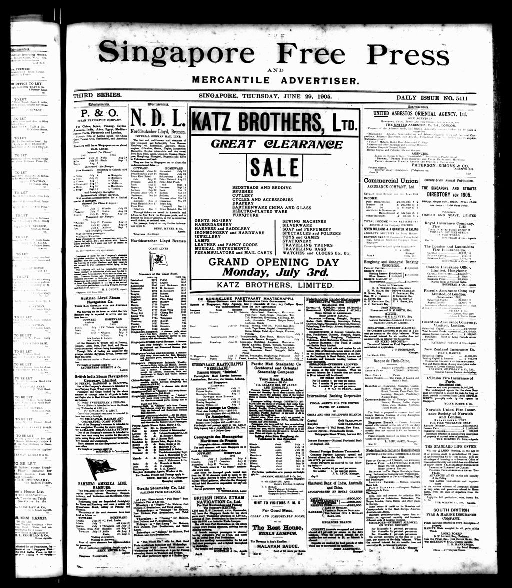 Miniature of Singapore Free Press and Mercantile Advertiser 29 June 1905