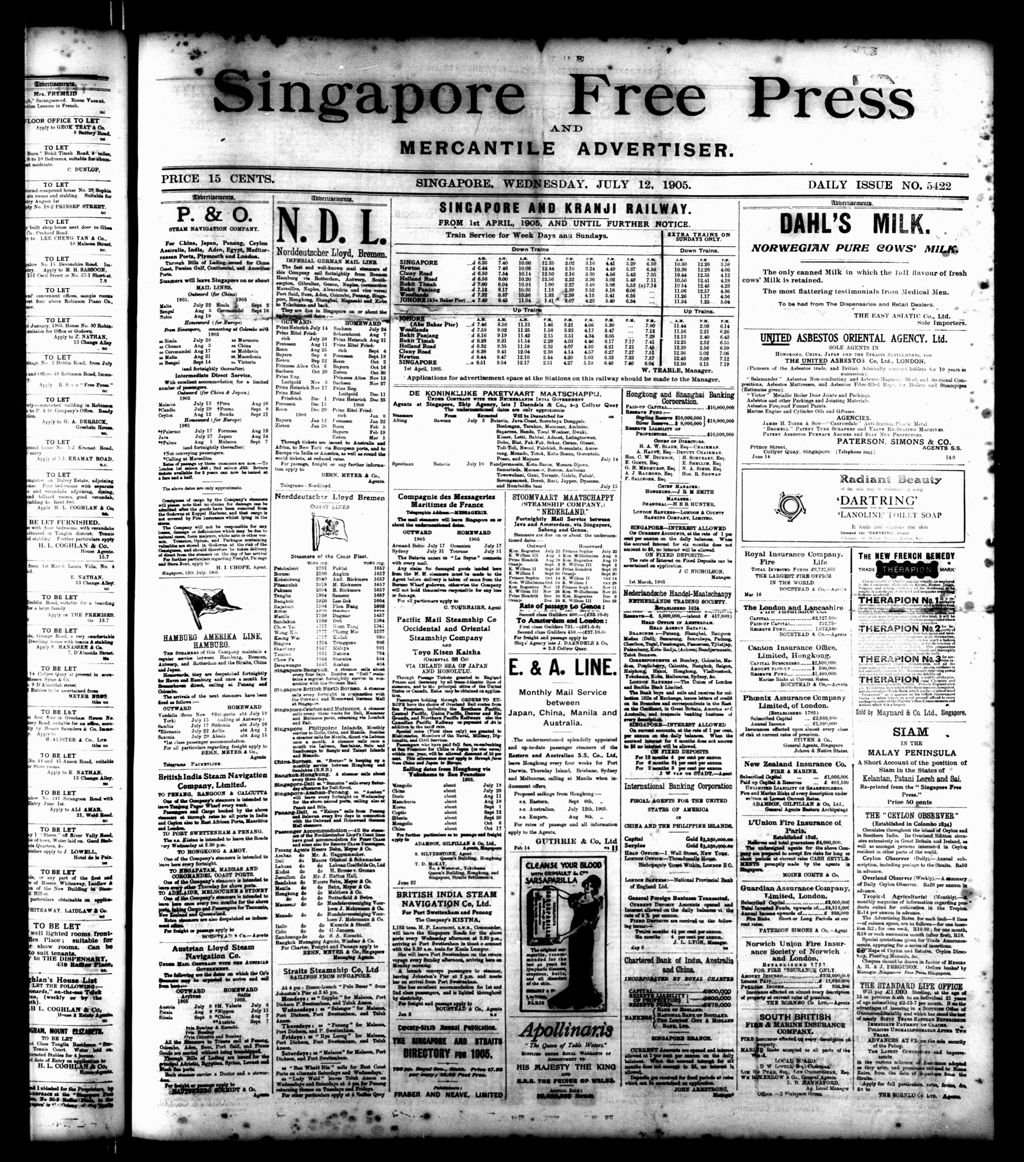 Miniature of Singapore Free Press and Mercantile Advertiser 12 July 1905