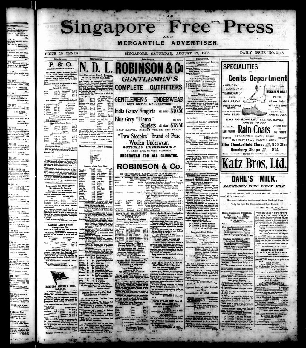 Miniature of Singapore Free Press and Mercantile Advertiser 12 August 1905