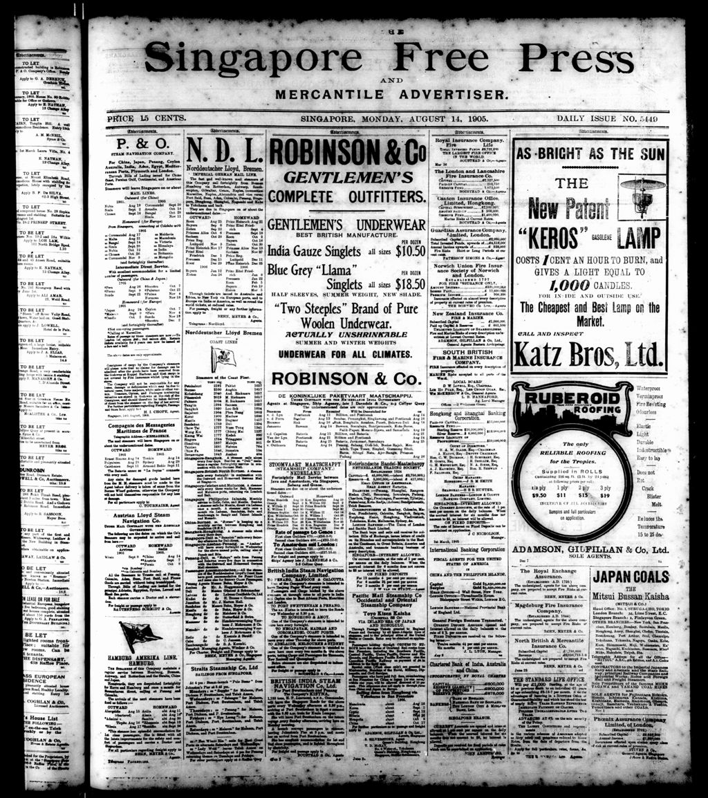 Miniature of Singapore Free Press and Mercantile Advertiser 14 August 1905