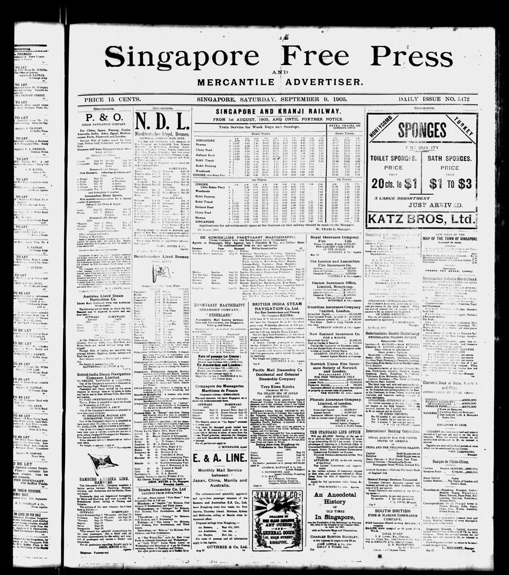 Miniature of Singapore Free Press and Mercantile Advertiser 09 September 1905