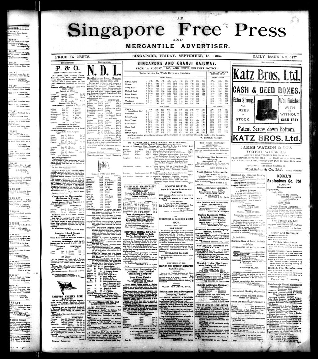 Miniature of Singapore Free Press and Mercantile Advertiser 15 September 1905