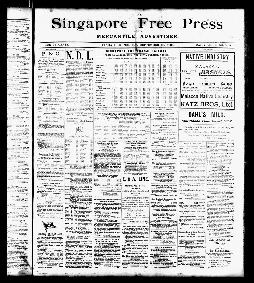 Miniature of Singapore Free Press and Mercantile Advertiser 25 September 1905