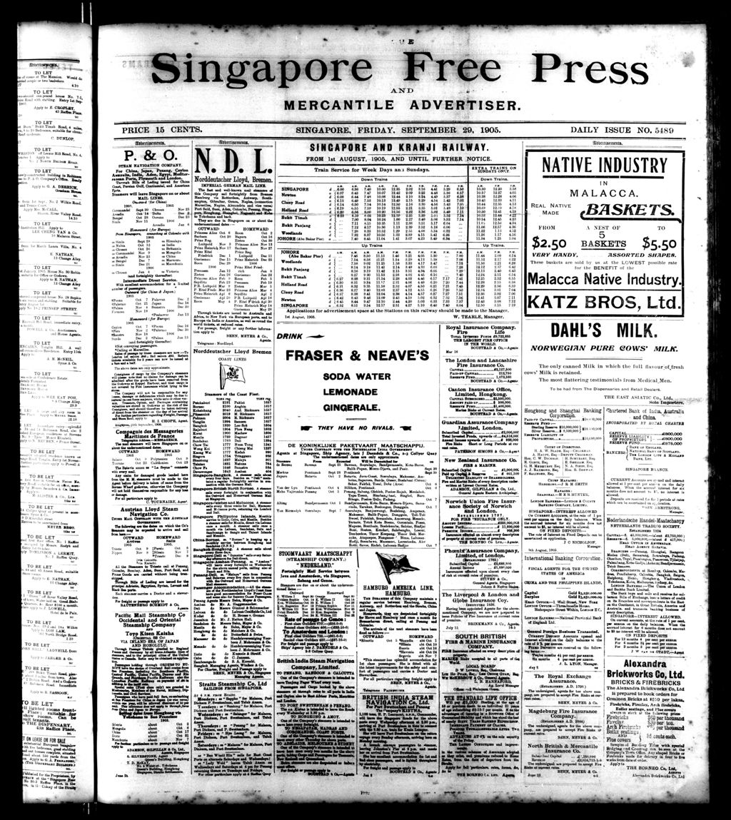 Miniature of Singapore Free Press and Mercantile Advertiser 29 September 1905