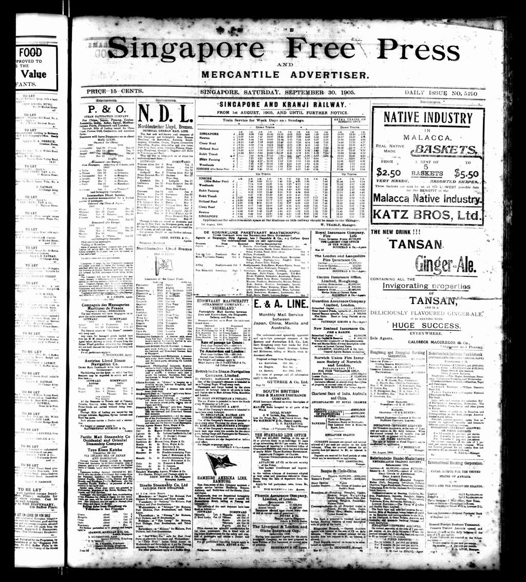 Miniature of Singapore Free Press and Mercantile Advertiser 30 September 1905