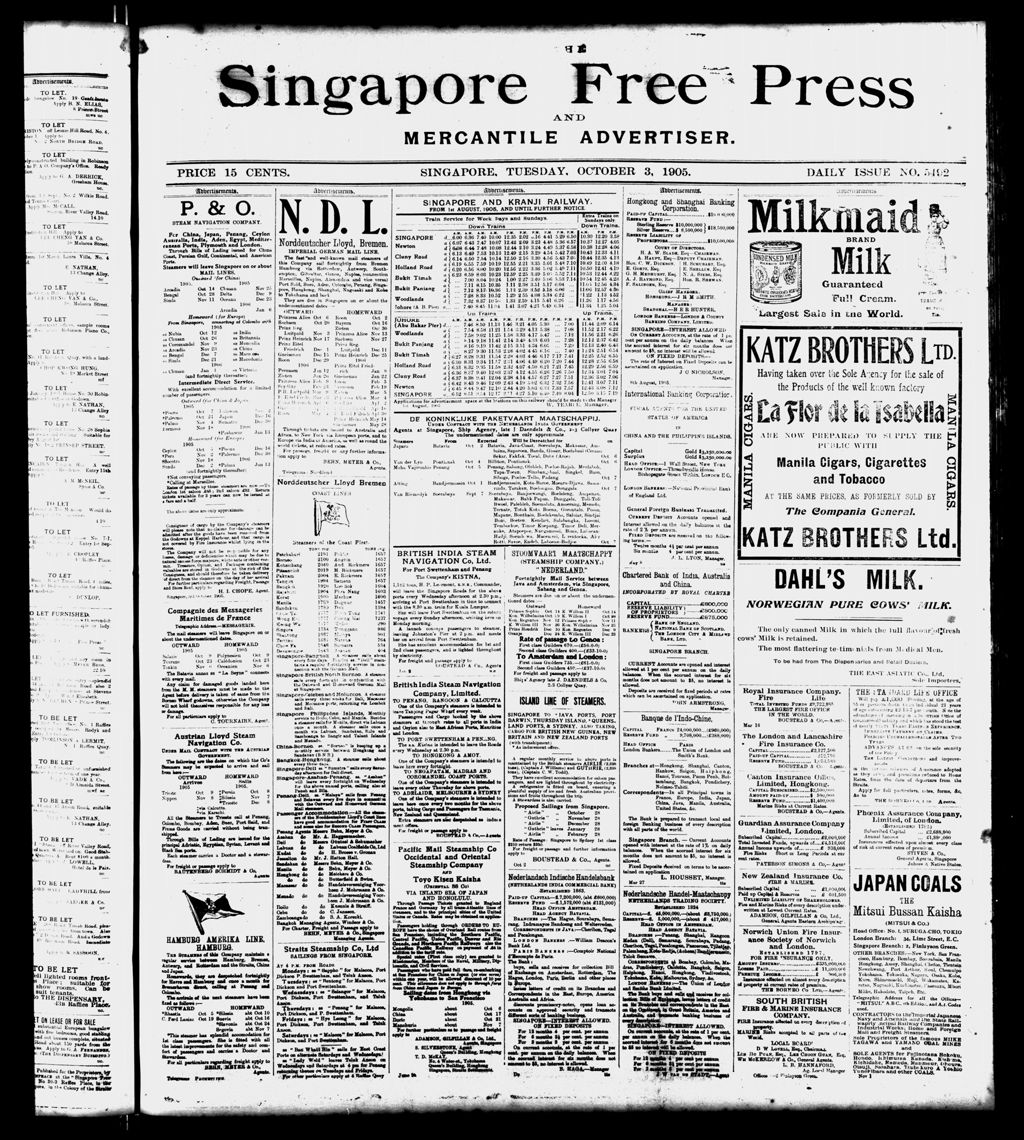 Miniature of Singapore Free Press and Mercantile Advertiser 03 October 1905