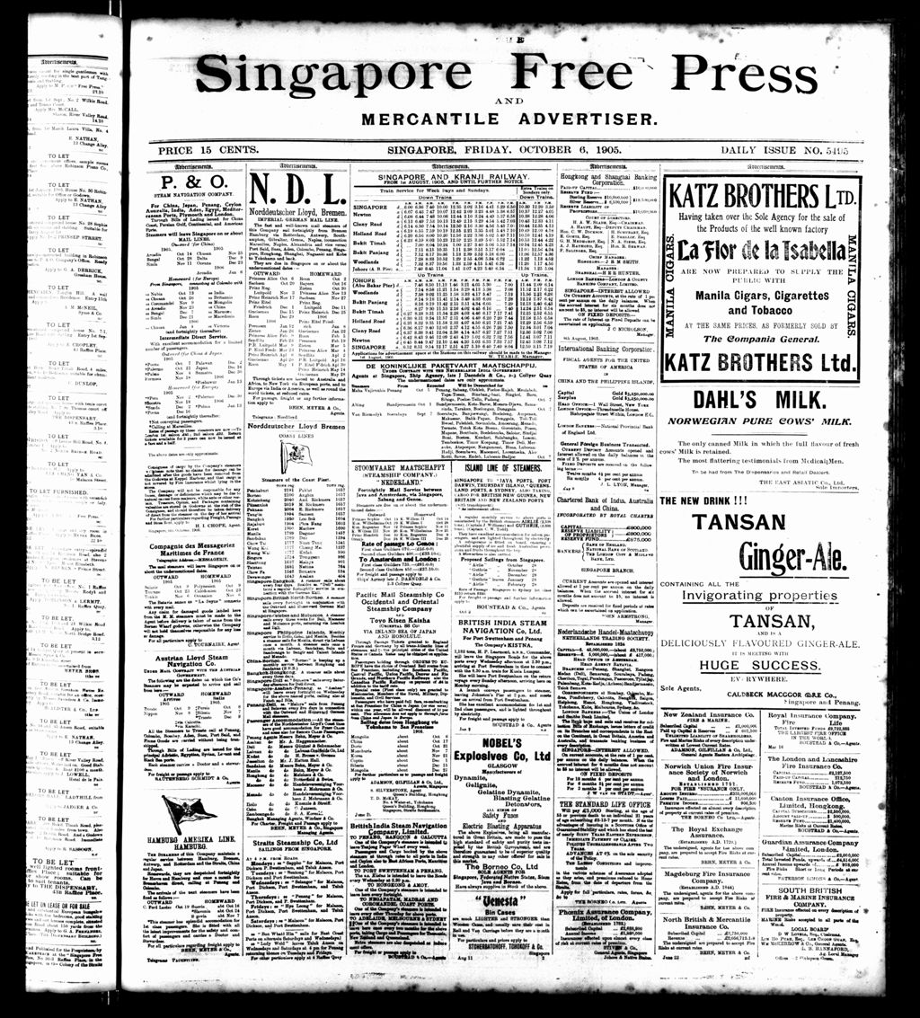 Miniature of Singapore Free Press and Mercantile Advertiser 06 October 1905