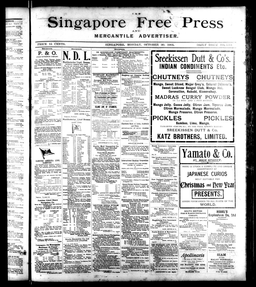 Miniature of Singapore Free Press and Mercantile Advertiser 30 October 1905