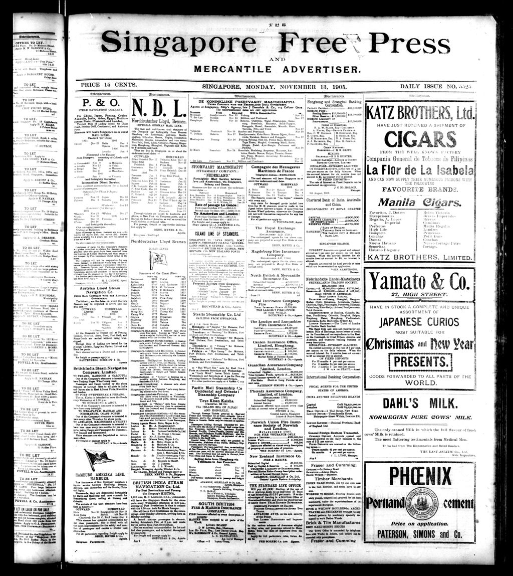 Miniature of Singapore Free Press and Mercantile Advertiser 13 November 1905