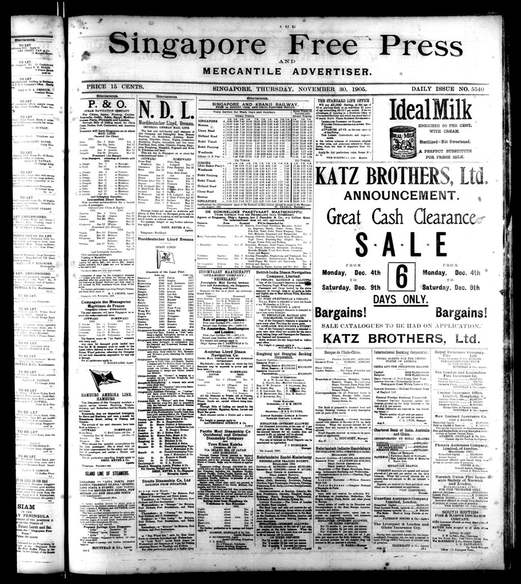 Miniature of Singapore Free Press and Mercantile Advertiser 30 November 1905