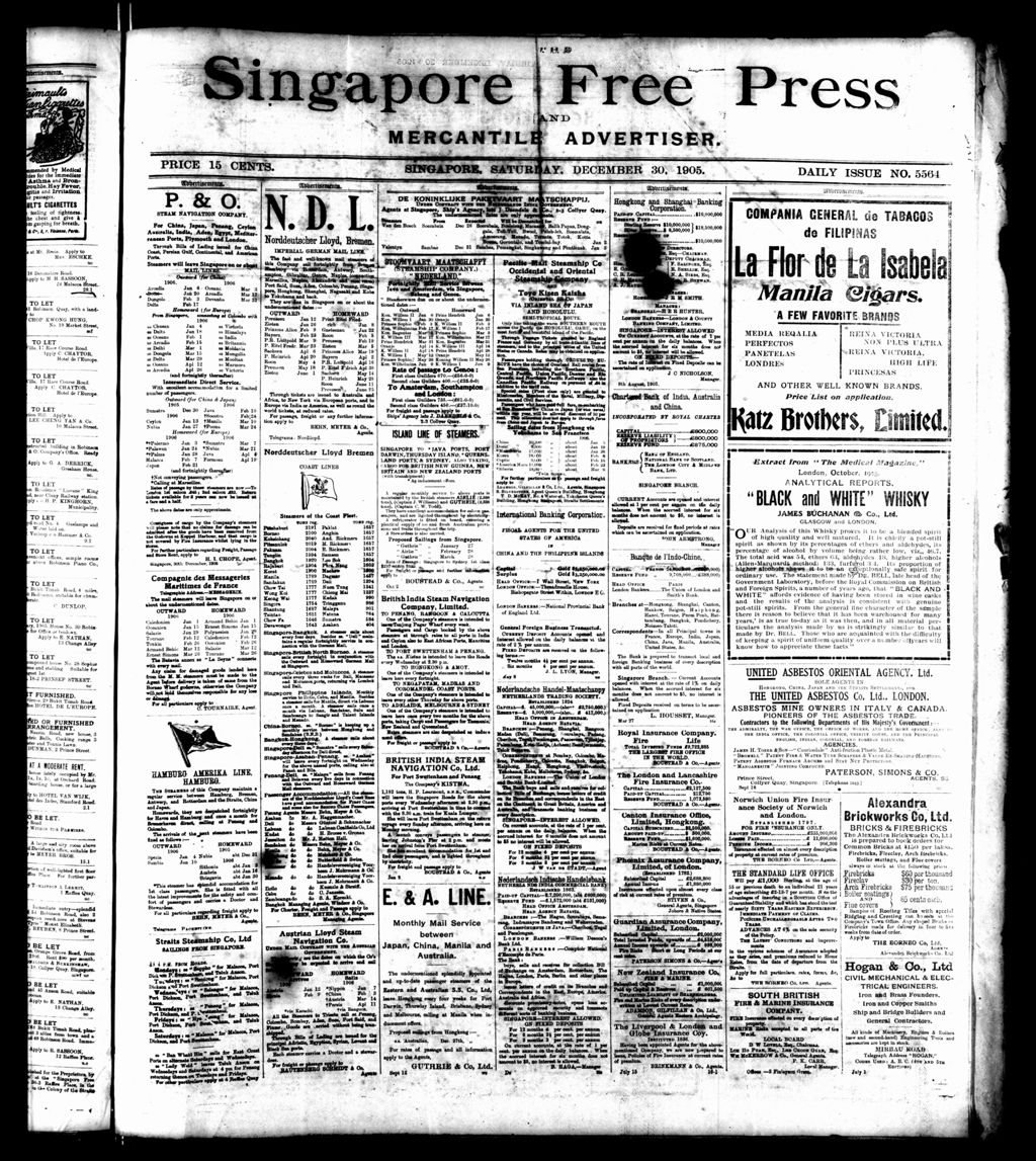 Miniature of Singapore Free Press and Mercantile Advertiser 30 December 1905