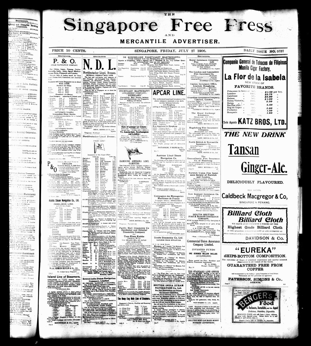 Miniature of Singapore Free Press and Mercantile Advertiser 27 July 1906