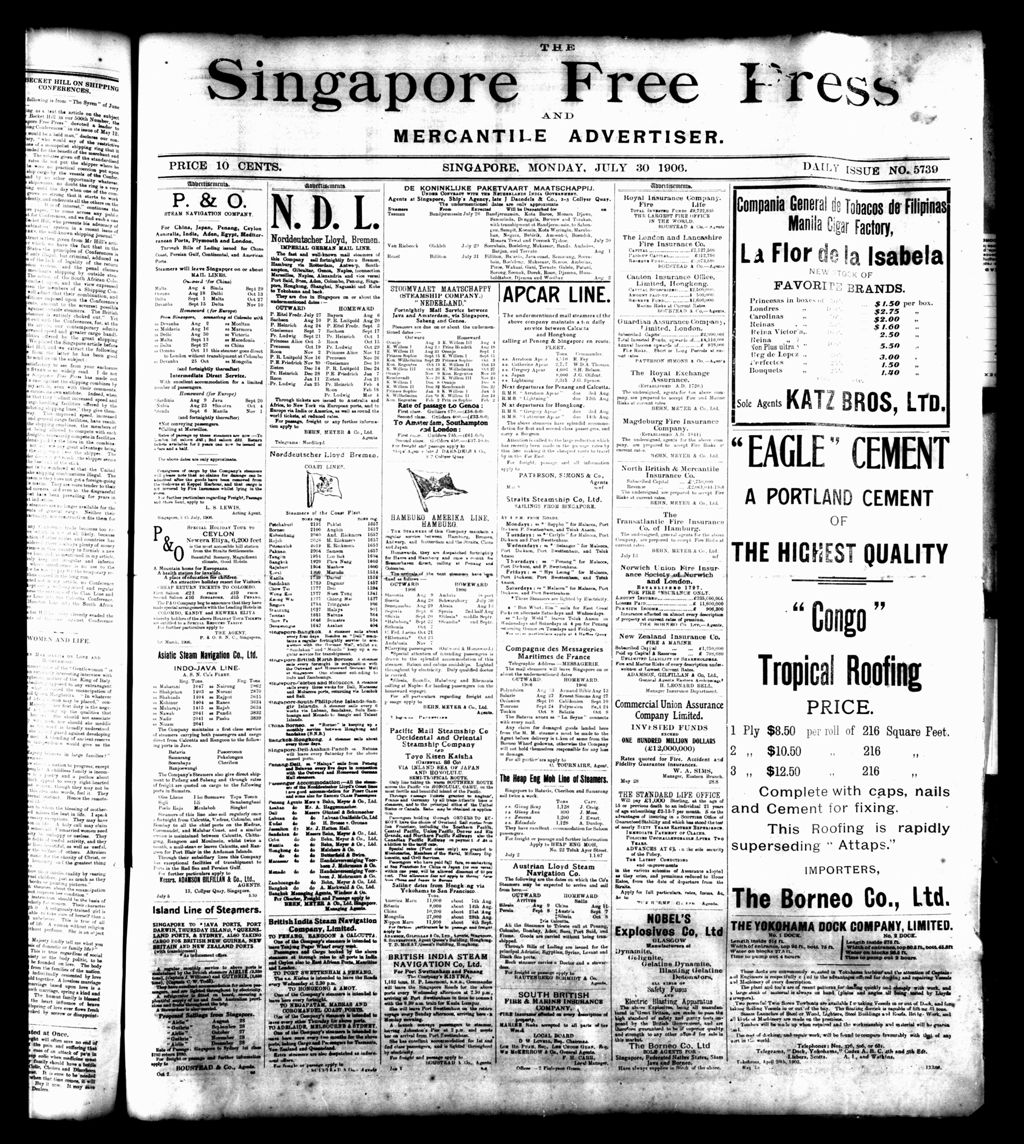 Miniature of Singapore Free Press and Mercantile Advertiser 30 July 1906