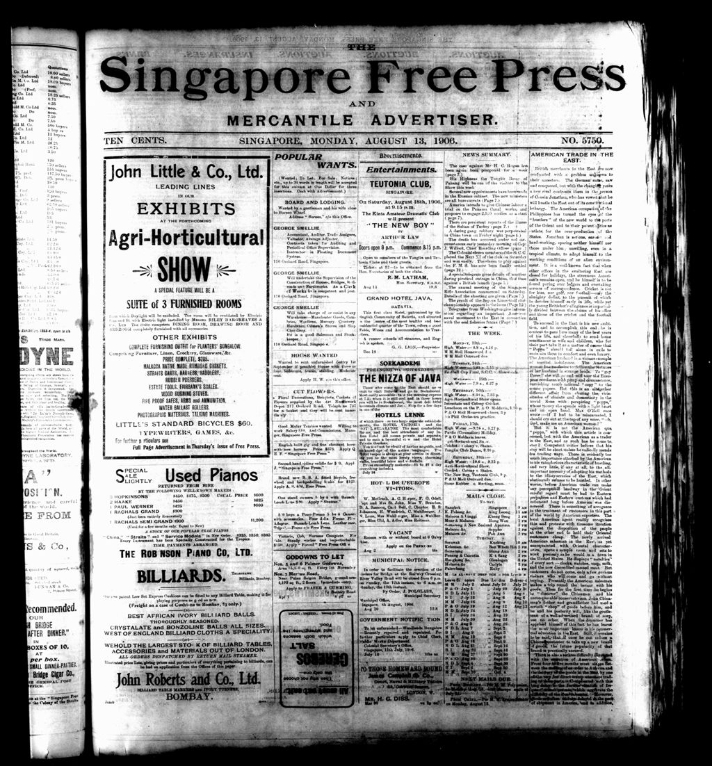 Miniature of Singapore Free Press and Mercantile Advertiser 13 August 1906