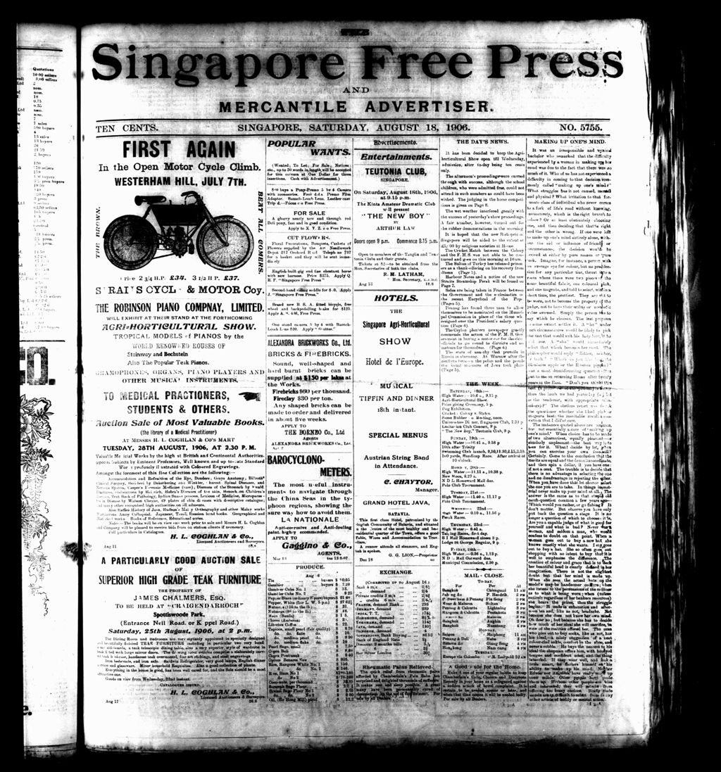 Miniature of Singapore Free Press and Mercantile Advertiser 18 August 1906