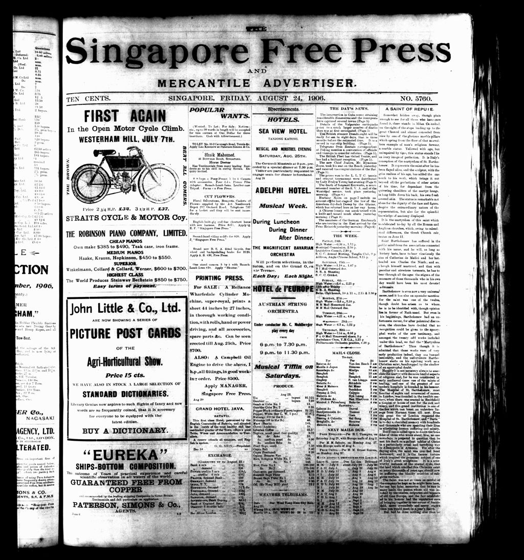 Miniature of Singapore Free Press and Mercantile Advertiser 24 August 1906