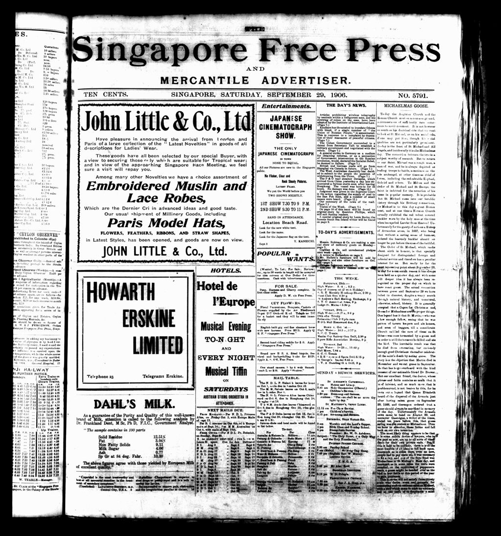 Miniature of Singapore Free Press and Mercantile Advertiser 29 September 1906