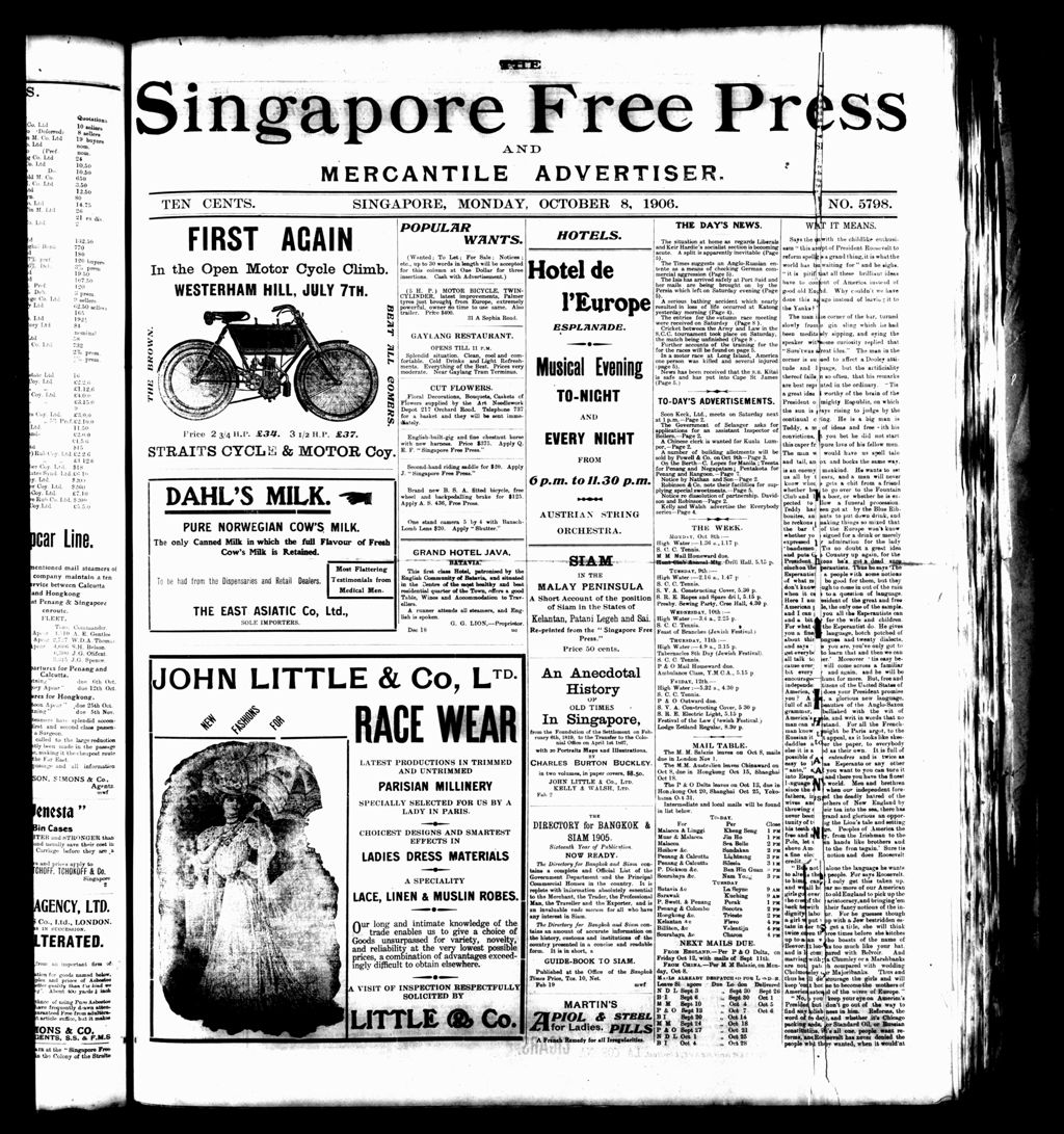 Miniature of Singapore Free Press and Mercantile Advertiser 08 October 1906