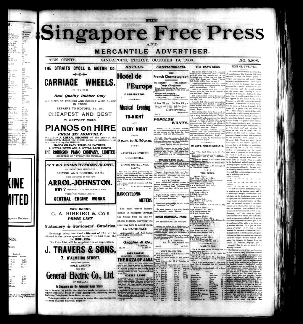 Miniature of Singapore Free Press and Mercantile Advertiser 19 October 1906