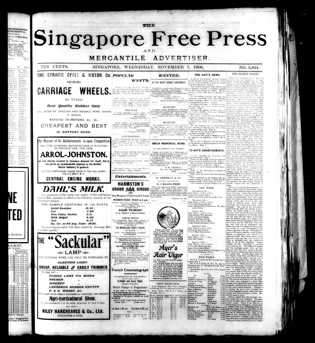 Miniature of Singapore Free Press and Mercantile Advertiser 07 November 1906